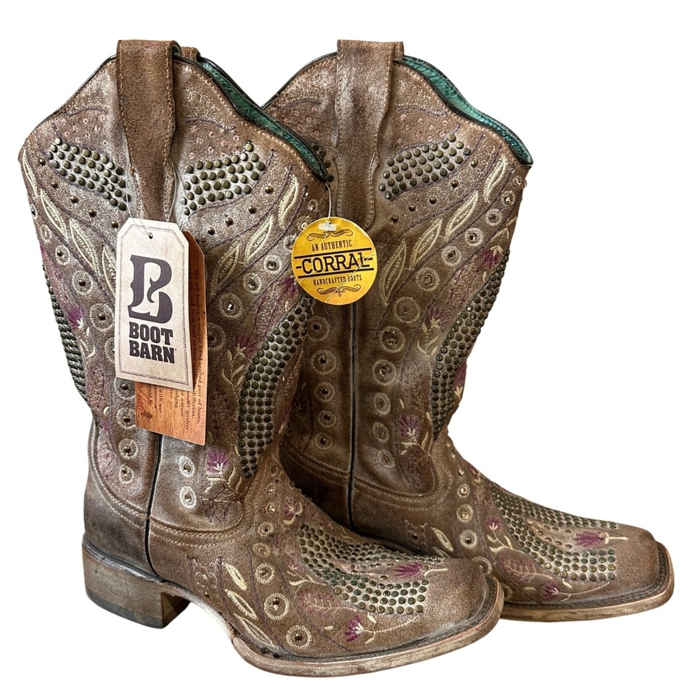 Corral Flowered Taupe Distressed Leather Studded Floral Boots E1520 Square 8.5 B